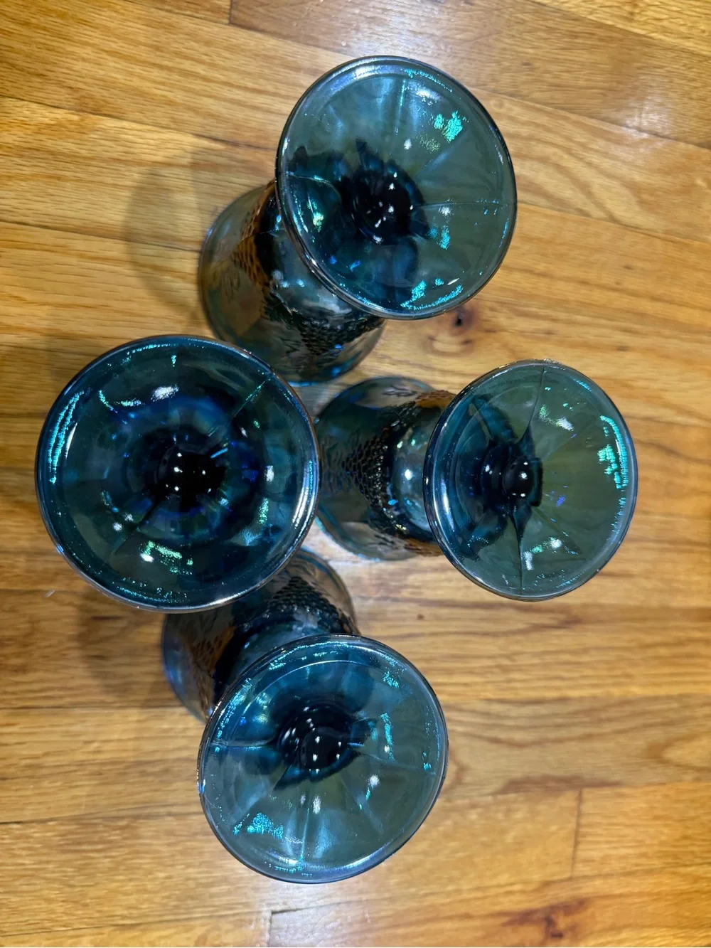 Iridescent Blue Glass Pitcher and 4 Goblets Set